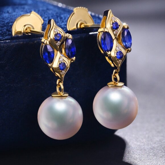 New 18K Yellow Gold Pearl Diamond Blue Stone Stud Earrings - Picture 1 of 4